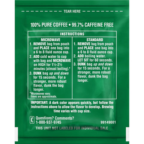Folgers Decaffeinated Coffee Singles - 19 coffee bags per box, 12 boxes per case