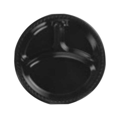 Huhtamaki First Choice Plastic Black 3-Compartment Plate, 10-1/4 inch -- 500 per case
