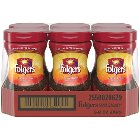 Folgers Classic Roast Caffeinated Instant Coffee Crystals, 8 Ounce -- 6 per case