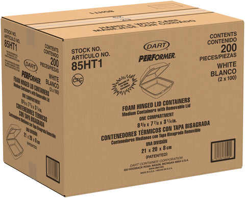 Dart CONTAINER FOAM 1-COMPARTMENT HINGED LID 8.37X7.87