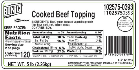 Tyson Pizzano Precooked Regular Chunk Beef Pizza Topping, 5 Pound -- 2 per case.