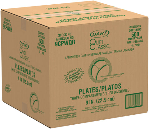 Dart Foam Plastic Plates, 9 inch dia, White, Round, 3 Compartments, 125/Pk, 4 Pks/Carton