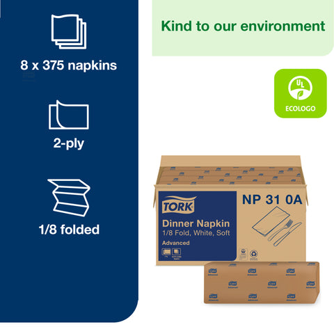 Napkin Dinner 15x16.25 White 2-ply 1/8 Fold
