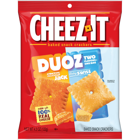 Cheez It Duoz Cheddar Jack and Baby Swiss Cracker, 4.3 Ounce -- 6 per case.