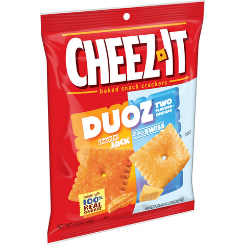 Cheez It Duoz Cheddar Jack and Baby Swiss Cracker, 4.3 Ounce -- 6 per case.