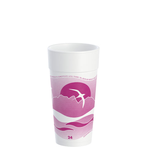 Dart J Cup White and Mauve Print Horizon Foam Cup, 24 Ounce - 20 count per pack -- 25 packs per case