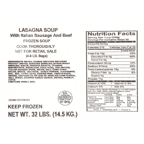 Soup Lasagna Ready To Use Cook In Bag Frozen 624040