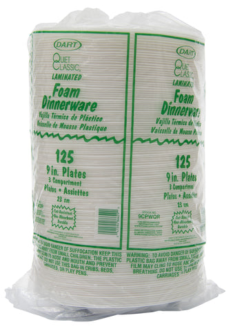 Dart Foam Plastic Plates, 9 inch dia, White, Round, 3 Compartments, 125/Pk, 4 Pks/Carton