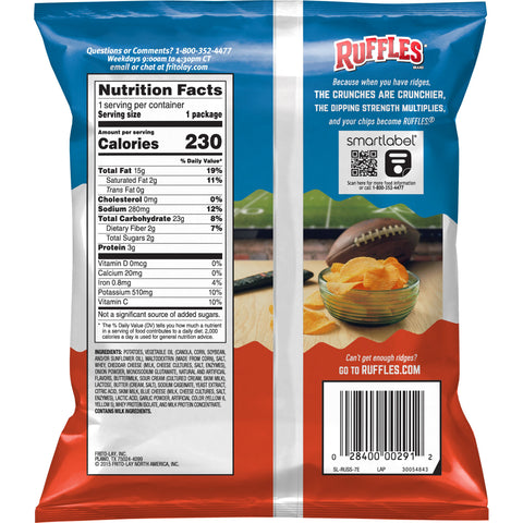 Ruffles Cheddar Sour Cream Potato Chips, 1.5 Ounce -- 64 per case.