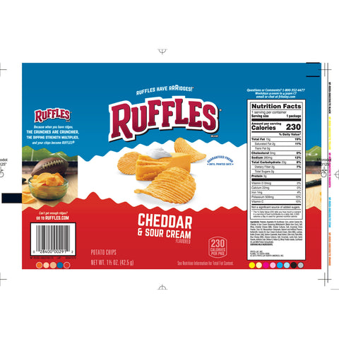Ruffles Cheddar Sour Cream Potato Chips, 1.5 Ounce -- 64 per case.