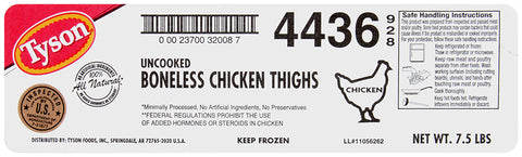 Tyson Uncooked Boneless Chicken Thighs, 20 Pound.