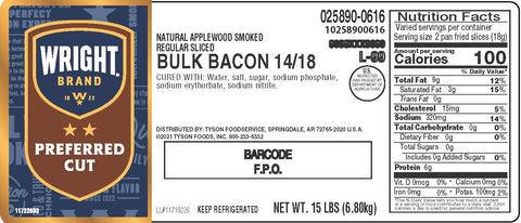 Wright® Brand BACON 14/18 CT NATURAL APPLEWOOD SMOKED GAS-FLUSHED BULK 10258900616