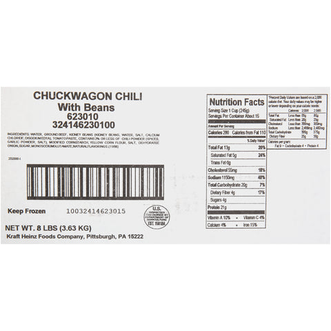 Chef Francisco Frozen Chuckwagon Chili with Beans - 8 lb. bag, 6 per case