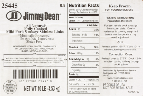 Sausage Link Mild Skinless Fully Cooked Cn No Msg 0.8 Oz