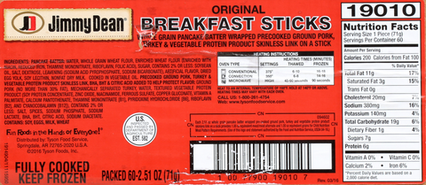 Jimmy Dean BREAKFAST STICK ORIGINAL WHOLE GRAIN BULK CN 2.51 OZ 10000019010