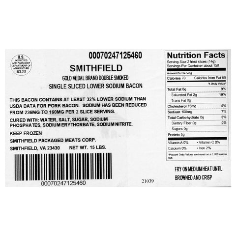 Gold Medal (SF) BACON 18/22 CT SINGLE SHINGLE LOW SODIUM