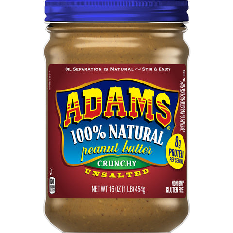 Adams Natural Unsalted Crunchy Peanut Butter, 16 Ounce -- 6 per case.
