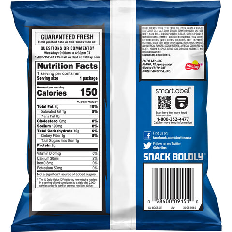 Doritos Cool Ranch Tortilla Chips, 1 Ounce -- 104 per case.