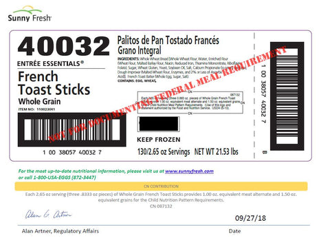 Sunny Fresh™ FRENCH TOAST STICK PERFORATED WHOLE GRAIN BULK FZ
