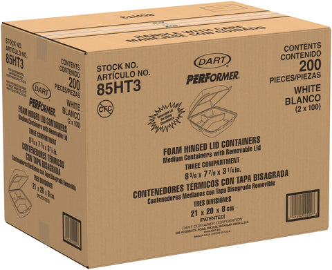 Dart CONTAINER FOAM 3-COMPARTMENT HINGED LID 8.37X7.87