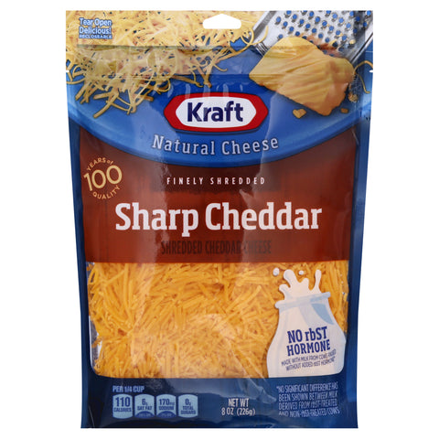 Kraft Zip Pak Natural Finely Shredded Sharp Cheddar Cheese, 8 Ounce -- 12 per case.
