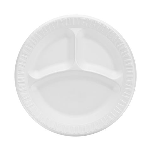 Dart Foam Plastic Plates, 9 inch dia, White, Round, 3 Compartments, 125/Pk, 4 Pks/Carton