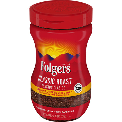 Folgers Classic Roast Caffeinated Instant Coffee Crystals, 8 Ounce -- 6 per case