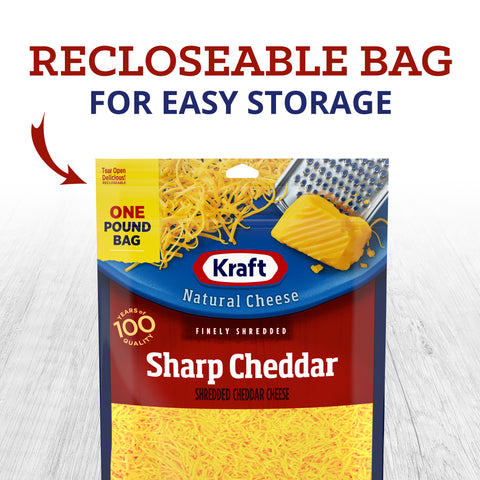 Kraft Zip Pak Natural Finely Shredded Sharp Cheddar Cheese, 8 Ounce -- 12 per case.
