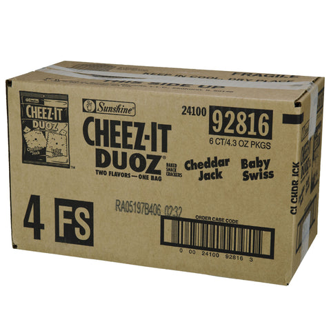 Cheez It Duoz Cheddar Jack and Baby Swiss Cracker, 4.3 Ounce -- 6 per case.