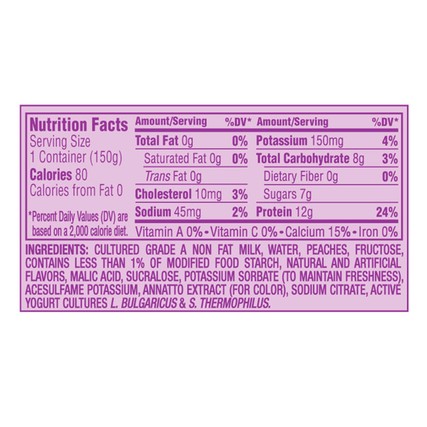 Light and Fit Greek Peach Nonfat Yogurt, 5.3 Ounce -- 12 per case.