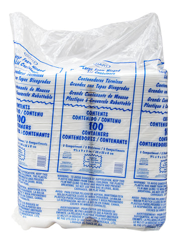 Container Foam Hinged Lid White Large 3-compartment 9.4x9x3